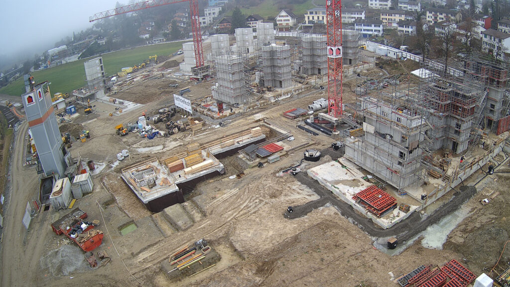 Blick Richtung Nordwesten auf die Baustelle der Riethöfe am 16. Dezember 2025