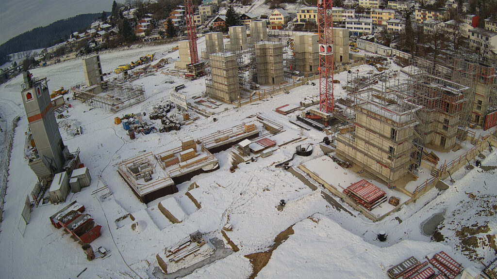 Blick Richtung Nordwesten auf die Baustelle der Riethöfe am 6. Januar 2026