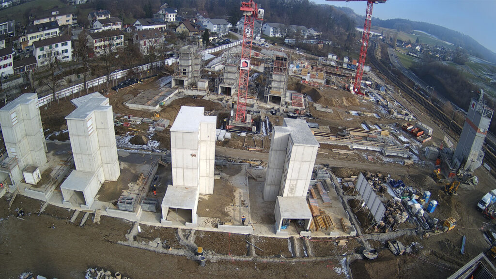 Blick Richtung Osten auf die Baustelle der Riethöfe am 21. Januar 2026