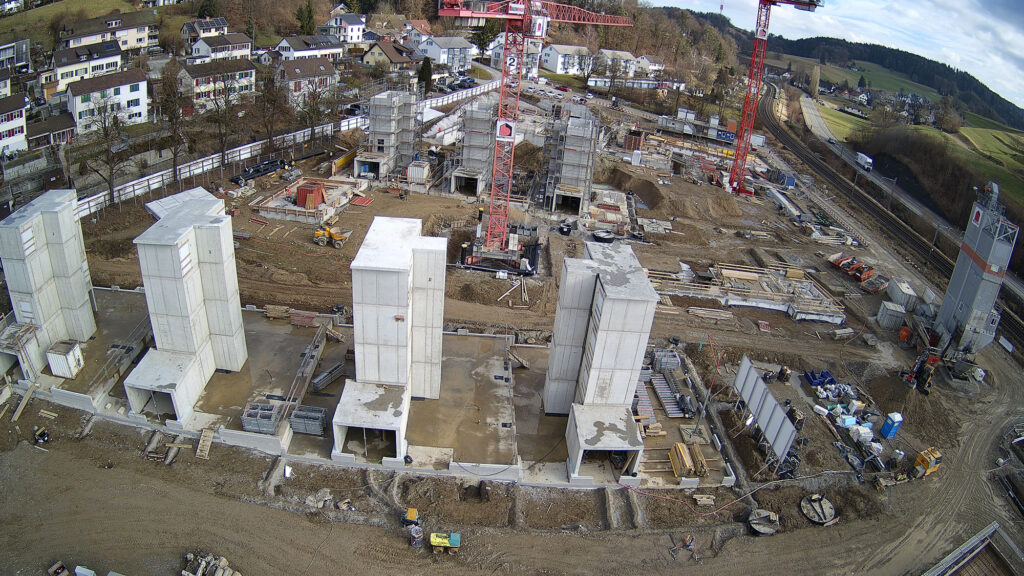 Blick Richtung Osten auf die Baustelle der Riethöfe am 3. Februar 2026