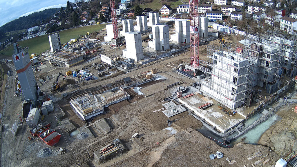 Blick Richtung Nordwesten auf die Baustelle der Riethöfe am 3. Februar 2026