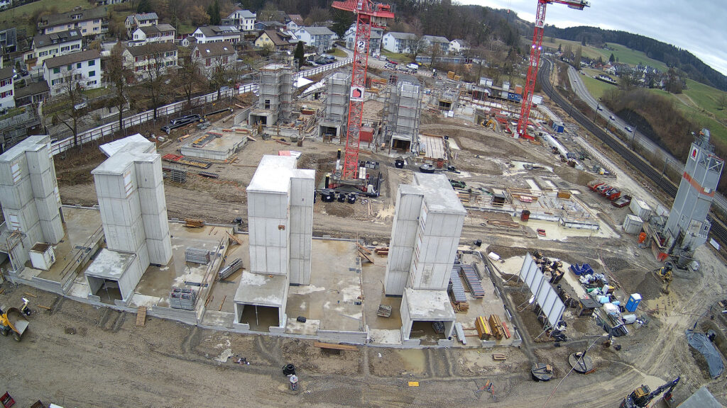 Blick Richtung Osten auf die Baustelle der Riethöfe am 18. Februar 2026