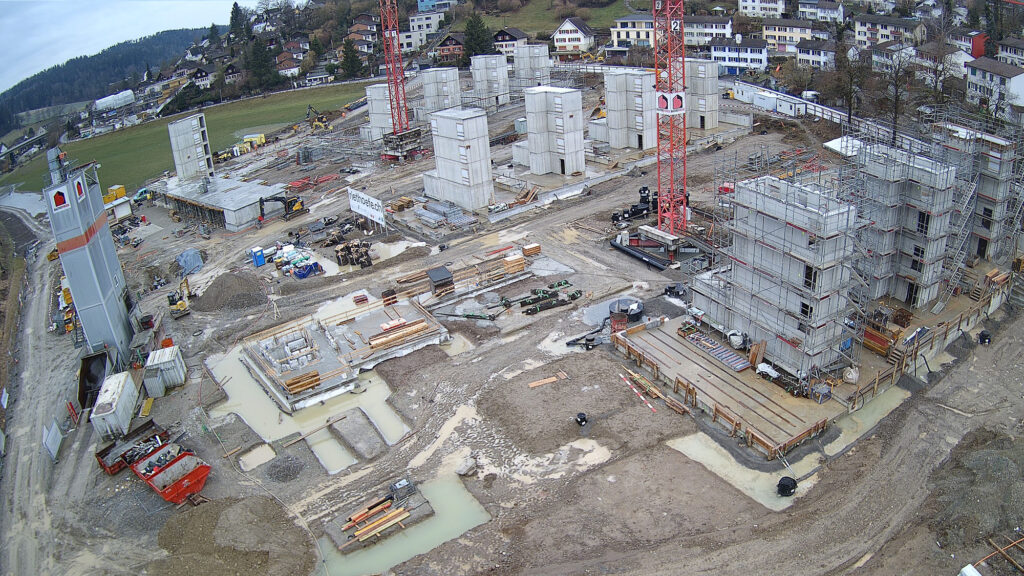 Blick Richtung Nordwesten auf die Baustelle der Riethöfe am 18. Februar 2026