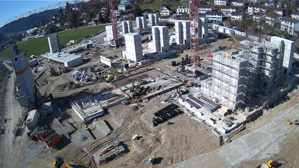 Blick Richtung Nordwesten auf die Baustelle der Riethöfe am 3. März 2026