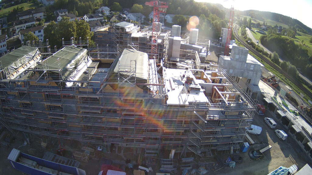 Blick Richtung Osten auf die Baustelle der Riethöfe am 1. September 2026